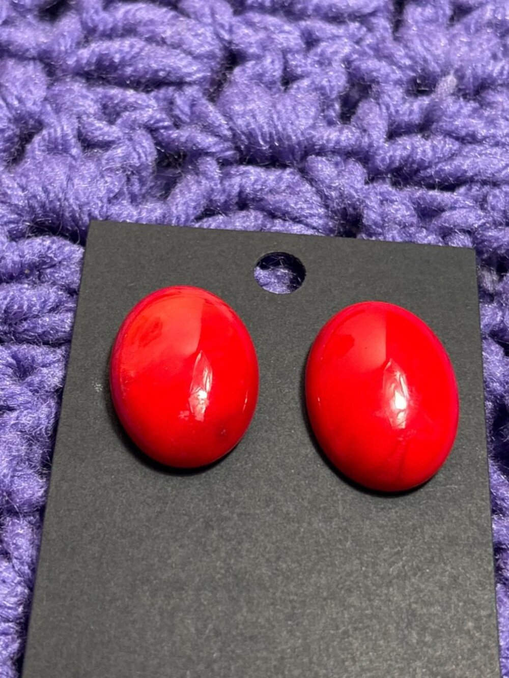 Vintage Red and Black Swirled Glass Oval Cabochon Stud Earrings 1 inch